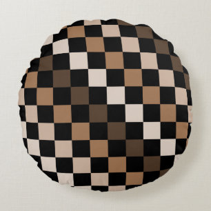 Brown Black Chequered Gingham Pattern Round Cushion