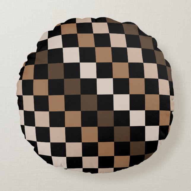 Brown Black Chequered Gingham Pattern Round Cushion (Front)