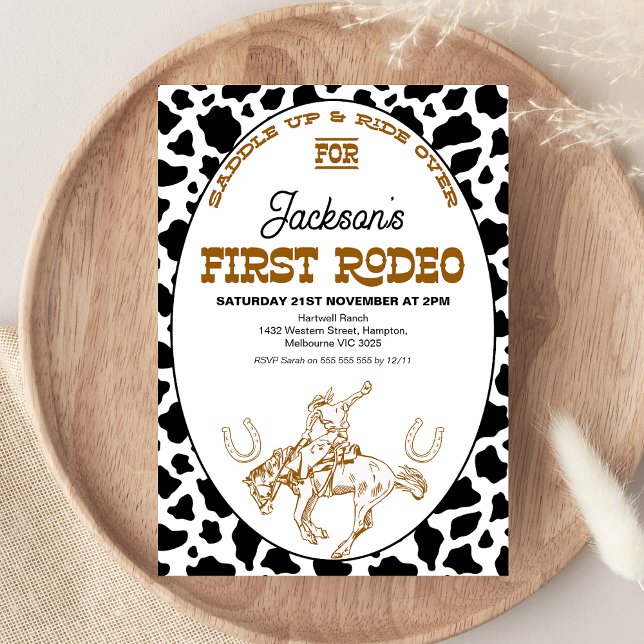 Brown Black Cow Print First Rodeo 1st Birthday  Invitation (Boys First Rodeo 1st Birthday Invitation, Western Themed Wild West Birthday Southern Country Cowhide)