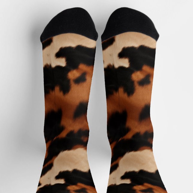 Brown Black Cream Faux Cow Print Socks (Top)