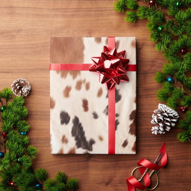 Brown Black Cream Faux Cow Print Wrapping Paper (Holiday Gift)