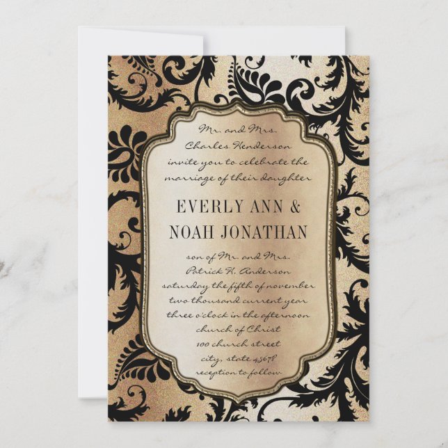 Brown Black Damask Ice Metallic Wedding Invitation (Front)