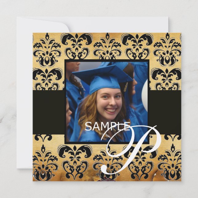 BROWN BLACK DAMASK PARCHMENT GRADUATION  MONOGRAM INVITATION (Front)