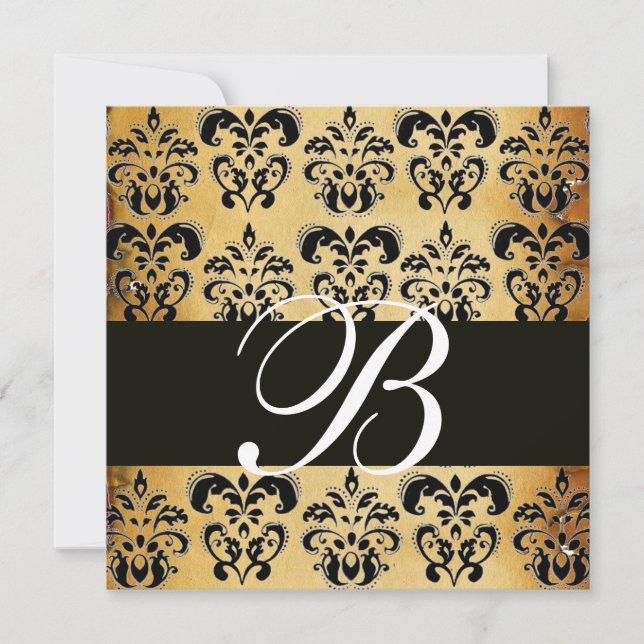 BROWN   BLACK  DAMASK  PARCHMENT MONOGRAM , white Invitation (Front)