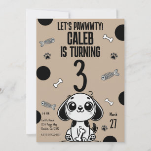 Brown & Black Fish Bones Puppy Dog Birthday Party  Invitation