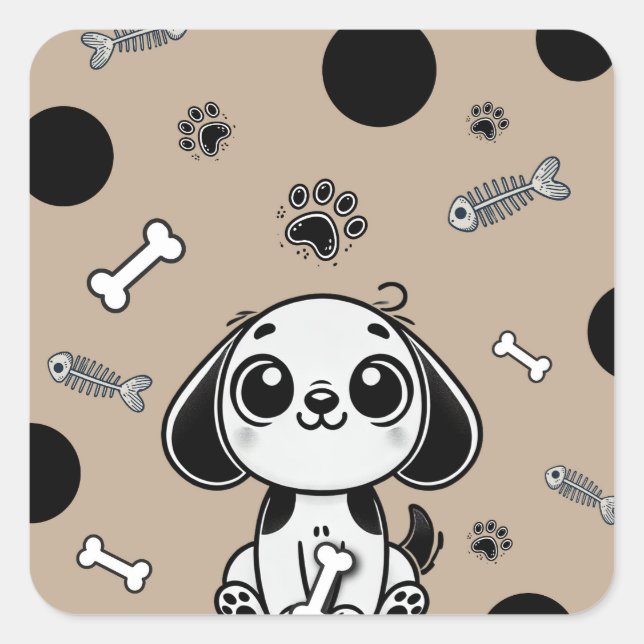 Brown & Black Fish Bones Puppy Dog Birthday Party  Square Sticker (Front)