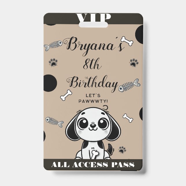 Brown Black Fish Bones Puppy Dog Birthday VIP Pass ID Badge (Front)