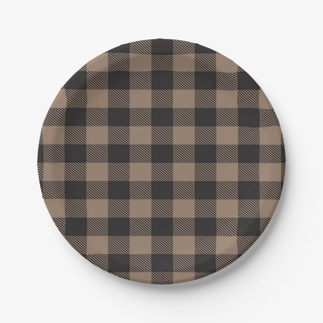 Brown Black Gingham Buffalo Plaid Farmhouse Paper Plate (Front)