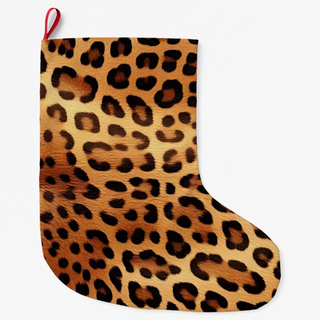 Brown Black Golden Leopard Print Large Christmas Stocking (Front)