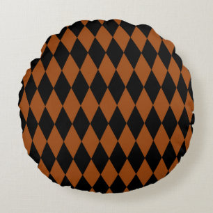 Brown Black Harlequin Diamonds Checkers Design Round Cushion
