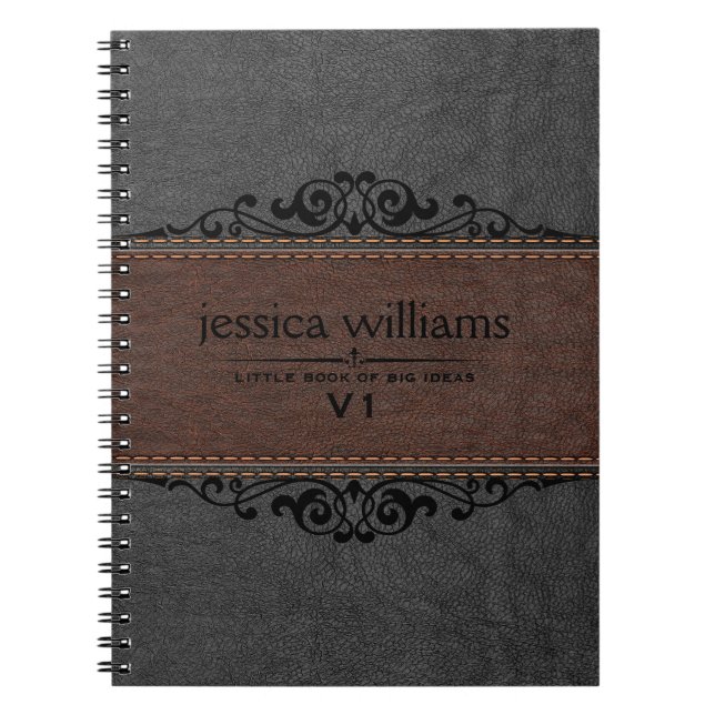 Brown & Black Leather Black Floral Element Spiral Notebook (Front)