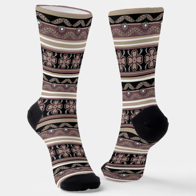 Brown black mexican ornament stripes socks (Angled)