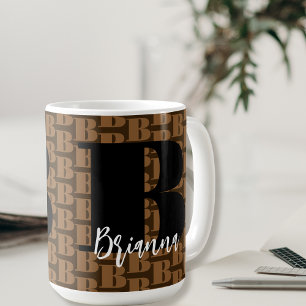 Brown Black Monogram White Script Name Modern Coffee Mug