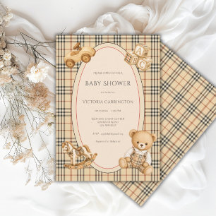 Brown Black Red Plaid Teddy Bear Vintage Baby Invitation