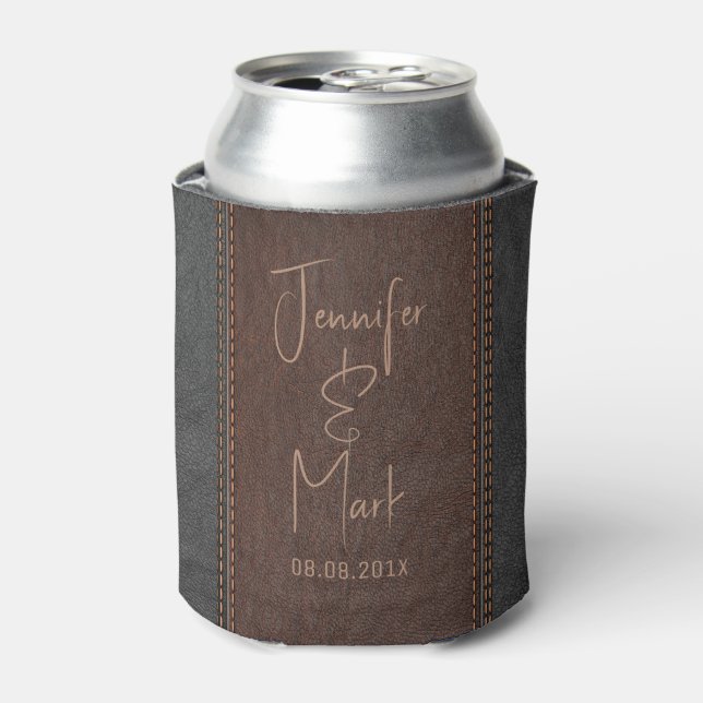 Brown & Black Stitched Leather Custom Text Can Cooler (Can Front)