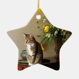 Brown black Tabby cat Sitting on piano flowers Ceramic Tree Decoration