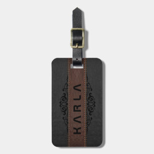 Brown & Black Vintage Leather Floral Accent Luggage Tag
