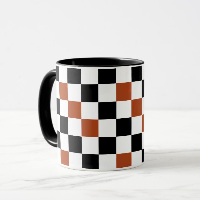 Brown Black White Chequered Pattern Design  Mug (Front Left)