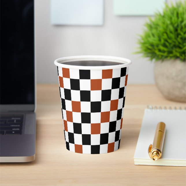 Brown Black White Chequered Pattern Design  Paper Cups (Insitu)