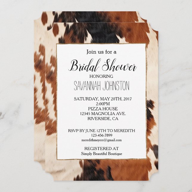 Brown Black White Faux Cowhide Invitation (Front/Back)