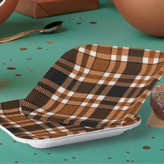 Brown Black White Flannel Tartan Pattern Design  Paper Plate (Creator Uploaded)