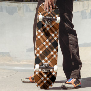 Brown Black White Flannel Tartan Pattern Design Skateboard