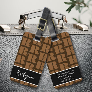 Brown Black White Modern Monogram Initial Letter Luggage Tag