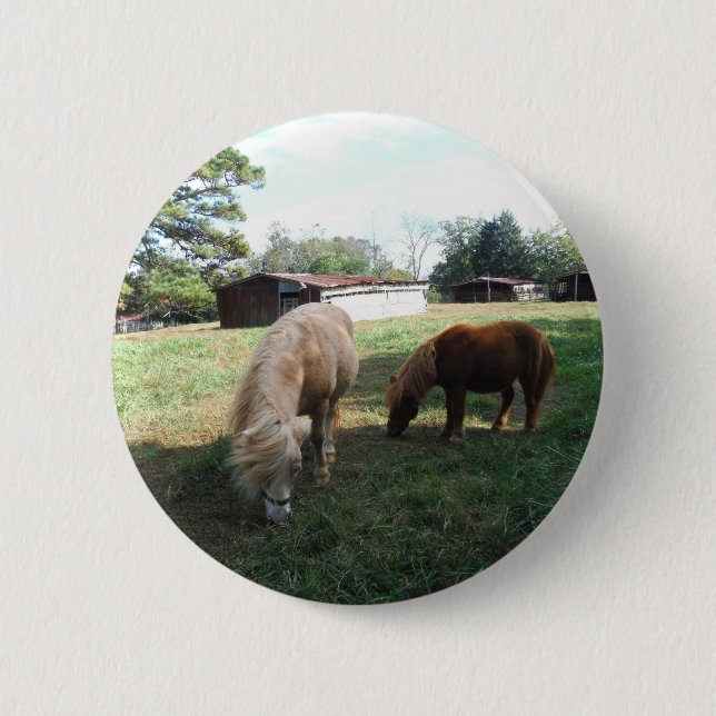 Brown Blonde, Two Miniature Horses, "Little Pony " 6 Cm Round Badge (Front)