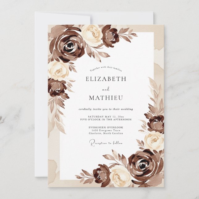 Brown Bloom Romance Wedding Invitation (Front)