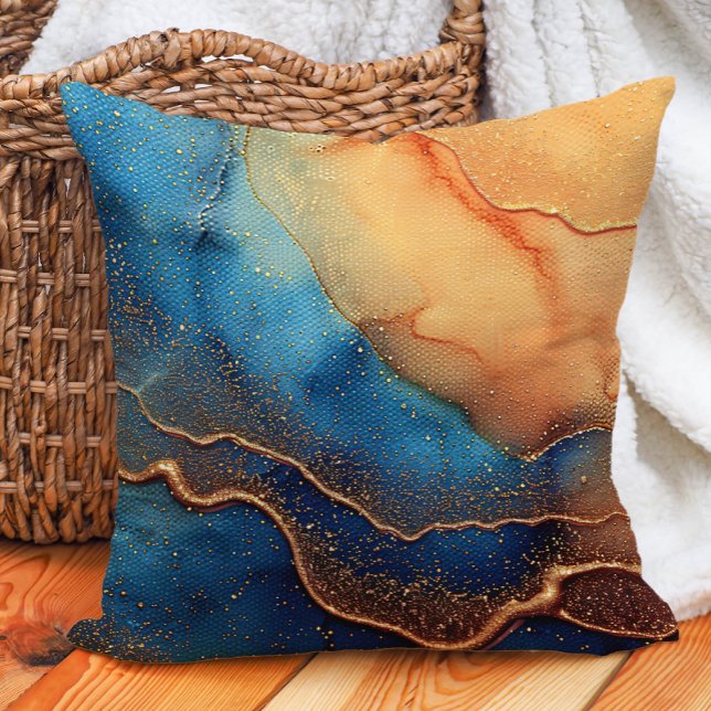 Brown Blue Abstract Alcohol Ink Artistic Cushion (Teal/blue and orange marbled abstract decorator pillow)