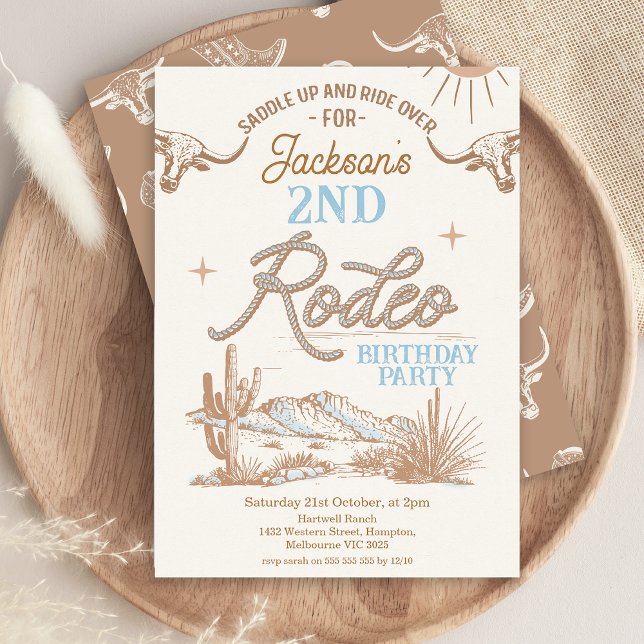 Brown Blue Any Age Western Rodeo Birthday Invitation (Boys Rodeo Birthday Invitation, Any Age Western themed, Wild West, Cowboy, Southern Country Rope)