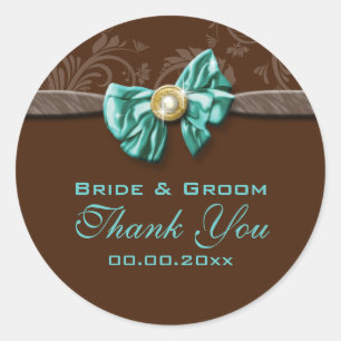 Brown blue aqua wedding engagement classic round sticker
