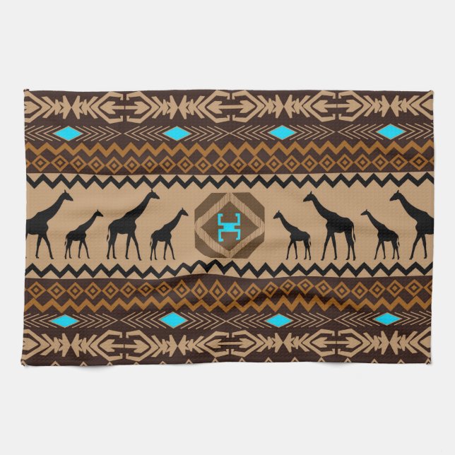 Brown Blue & Beige African Pattern & Giraffe Tea Towel (Horizontal)