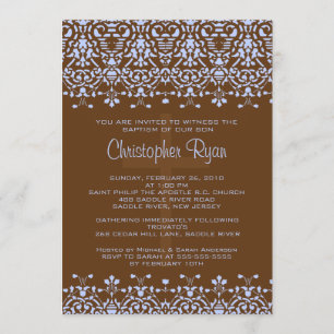 Brown & Blue Damask Baptism Invitation