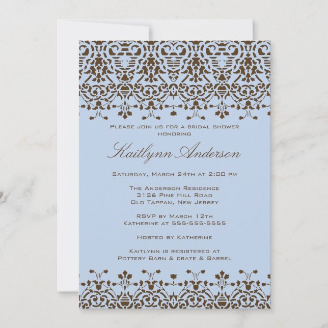 Brown & Blue Damask Bridal Shower Invitation (Front)