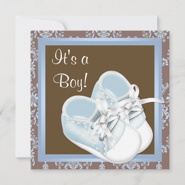 Brown Blue Damask Shoes Baby Boy Shower Invitation (Front)