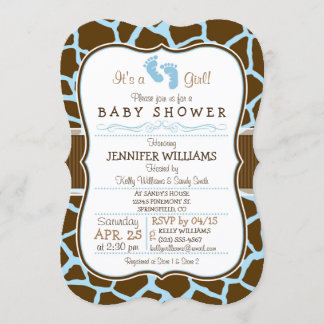 Brown, Blue Giraffe Animal Print Baby Shower Invitation