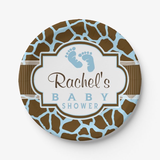 Brown, Blue Giraffe Animal Print Baby Shower Paper Plate (Front)