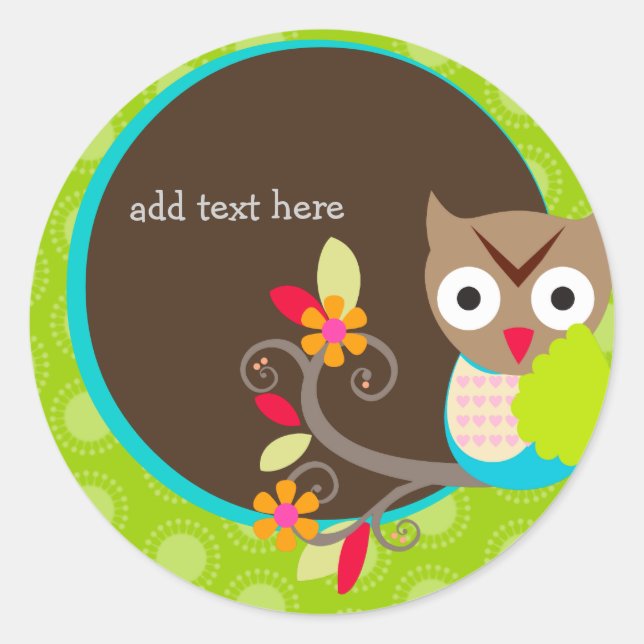 Brown+Blue+Green Owl stickers/add monogram Classic Round Sticker (Front)