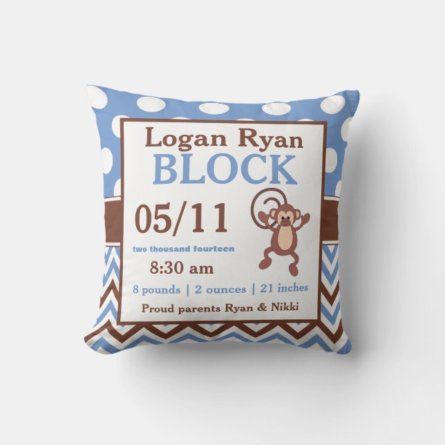 Brown Blue Monkey Personalised Baby Announcement Cushion (Front)