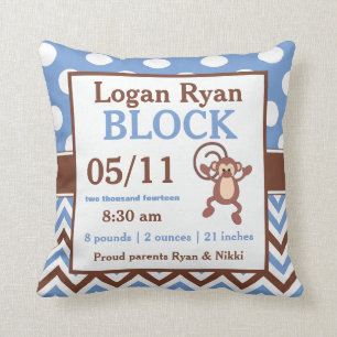 Brown Blue Monkey Personalised Baby Announcement Cushion