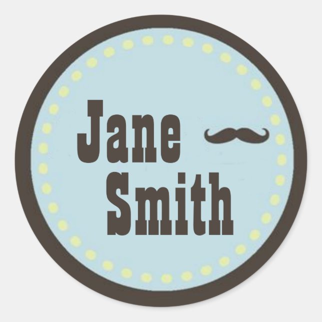 Brown & Blue Moustache Baby Shower Sticker (Front)