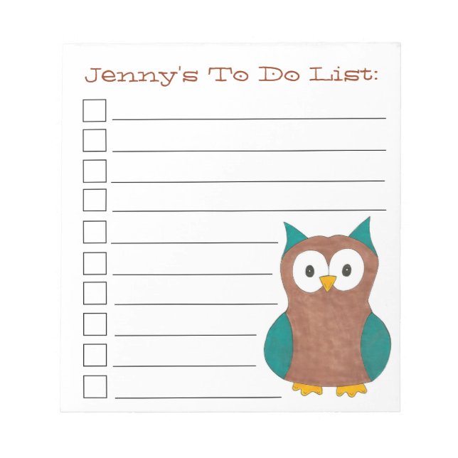 Brown Blue Owl Bird Personalised To Do List Notepad (Front)