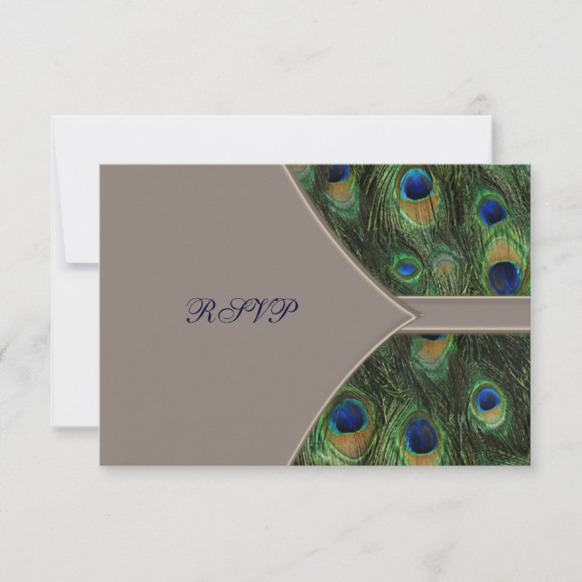 Brown Blue Peacock Wedding RSVP Card (Front)