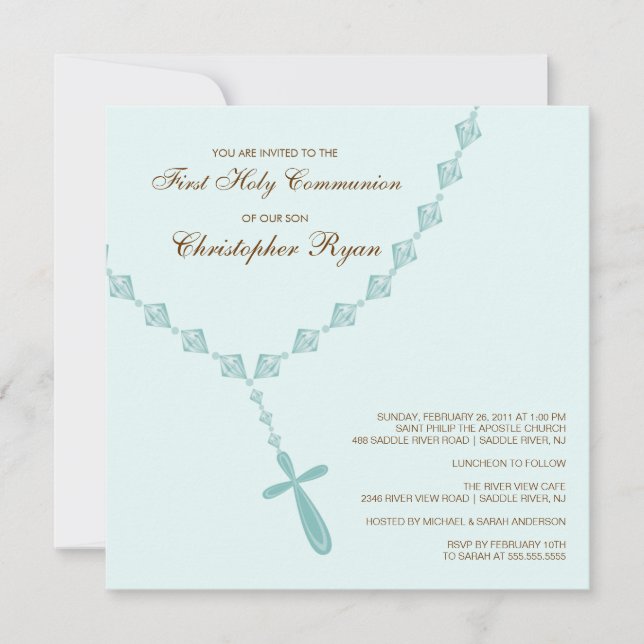 Brown Blue Rosary First Holy Communion Invitation (Front)