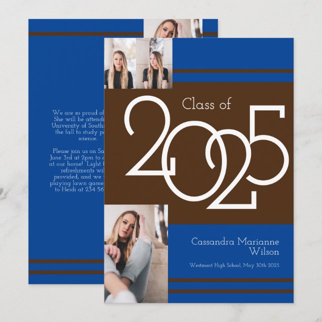 Brown Blue School Colours Graduation Announcement (Front/Back)
