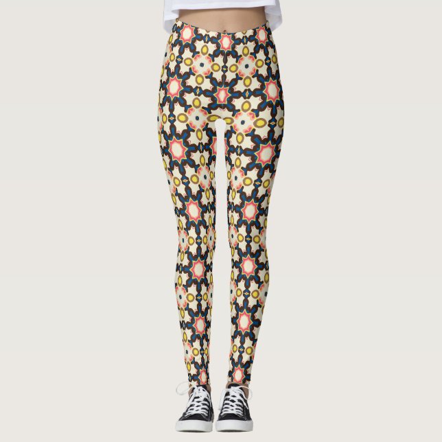 Brown Blue Starburst Geometric Pattern Leggings (Front)