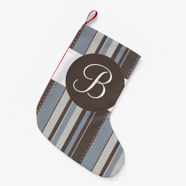 Brown blue stripe monogram Christmas stocking (Front (Hanging))