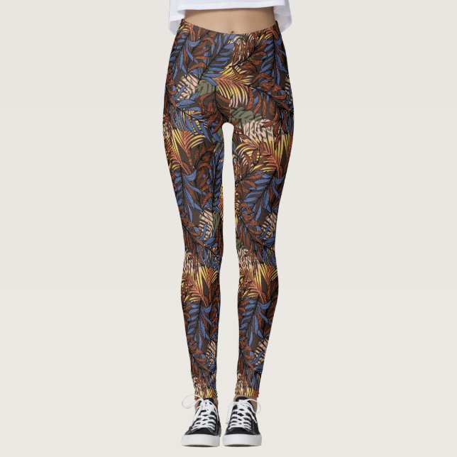 Brown/Blue Tropical Leaf Women's Leggings (Front)