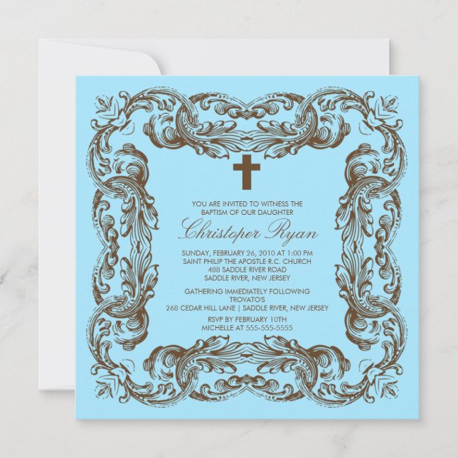Brown & Blue Vintage Frame Baptism Invitation (Front)